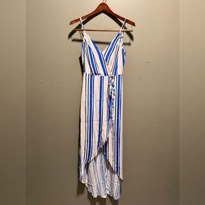 Astr The Label High-Low Blue Blush White  Black Wrap Striped Dress